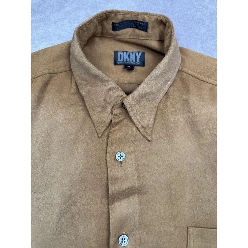 VTG DKNY Shirt Mens XL Brown Button Long Sleeve Faux Suede Pocket 90s Minimalist